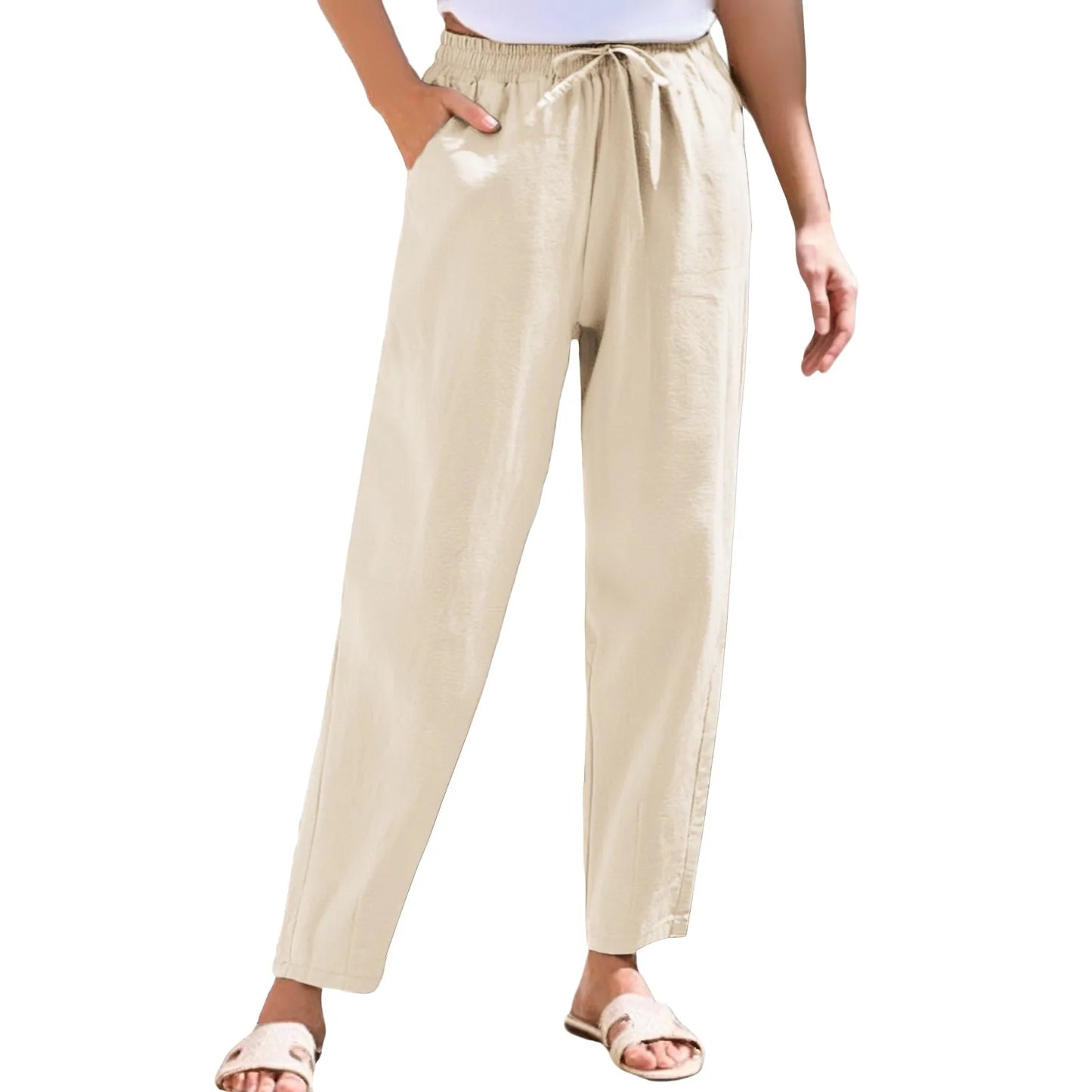 Women Cropped Pants Cotton Linen Baggy Trousers Drawstring Elastic Waist Pantalones Korean Fashion Solid Straight Pants штаны
