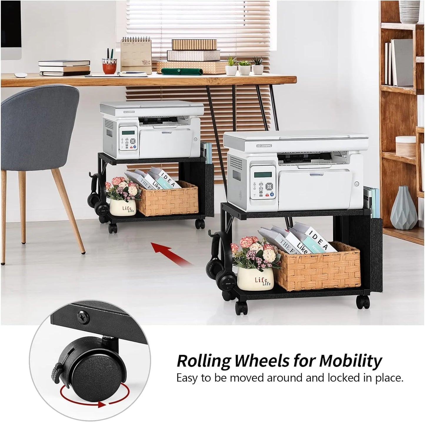 Printer Stand Under Desk Printer Table with Wheels 2 Tier Small Printer Cart with Storage Bag Desktop White Printer Stands