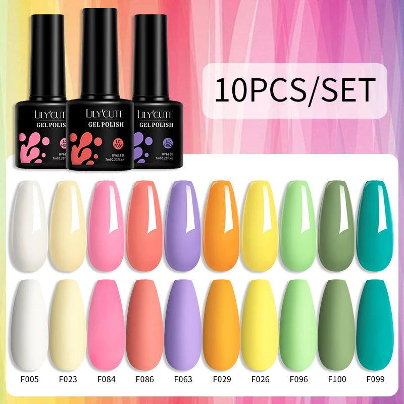 LILYCUTE 10PCS/Set Набір гель-лаків для нігтів Рожевий фіолетовий гель для нігтів Напівперманентний УФ світлодіодний лак Nail Art Design Soak Off Набір гелів для нігтів