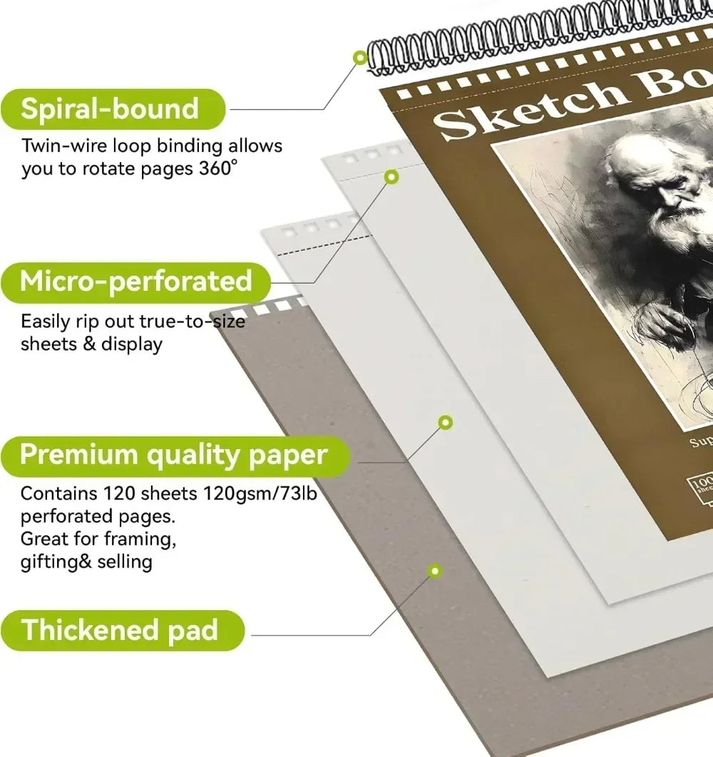 Sketchbook - 9"x12" spiral bound drawing board, 1 pack of 100 sheets, acid-free paper - perfect for kids sketchbook drawing