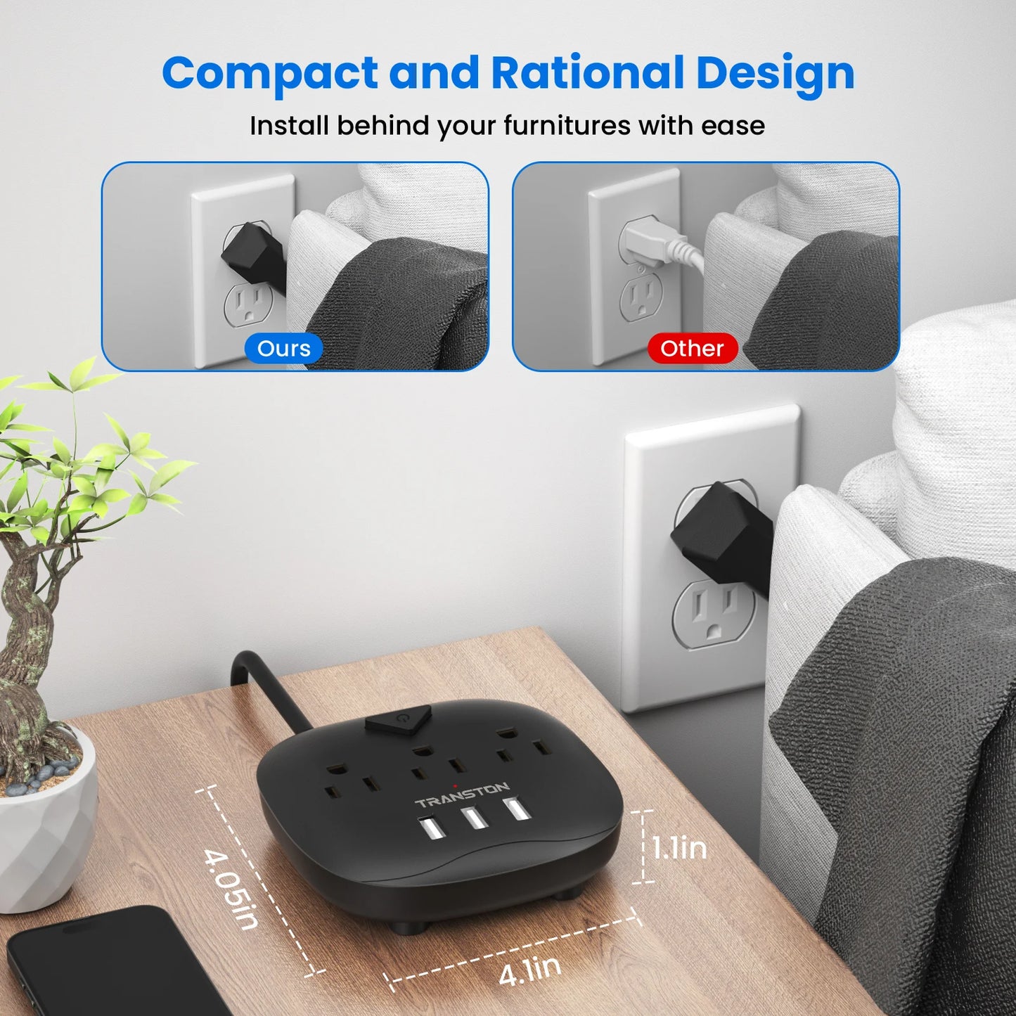 TRANSTON power strip with switch, 3 power strip , 3 USB Ports, 10ft Extension Cord, Quick Charge, Fire Resistant, For Home