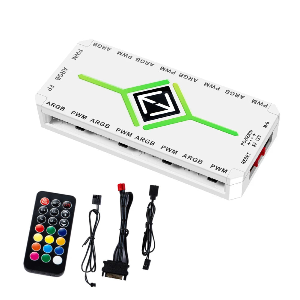 1 To 9 3 in 1 5V 3 Pin ARGB Controller Cooling Fan Hub w/ Remote 4 Pin PWM Magnetic Suction Hub SATA Powered for PC Case