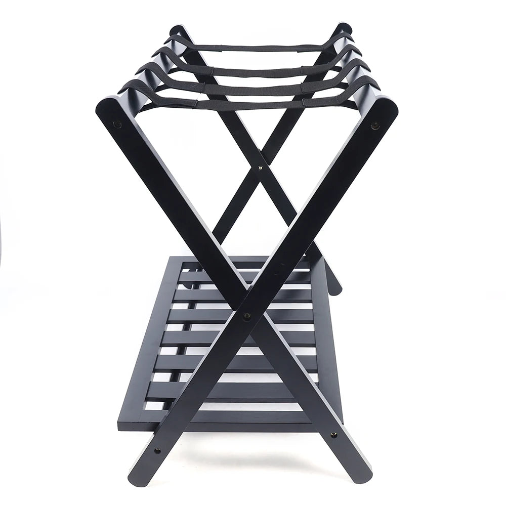 Black Luggage Rack, Upgraded Bamboo Foldable Suitcase Stand with 4 Nylon Straps, Luggage Holder with Shelf for Bedroom Hotel