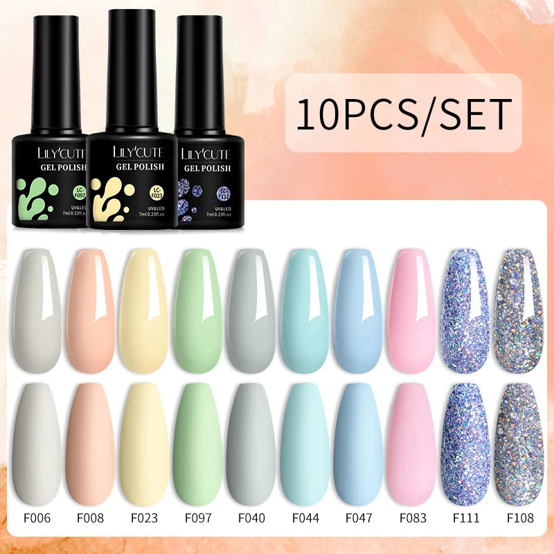 LILYCUTE 10PCS/Set Набір гель-лаків для нігтів Рожевий фіолетовий гель для нігтів Напівперманентний УФ світлодіодний лак Nail Art Design Soak Off Набір гелів для нігтів