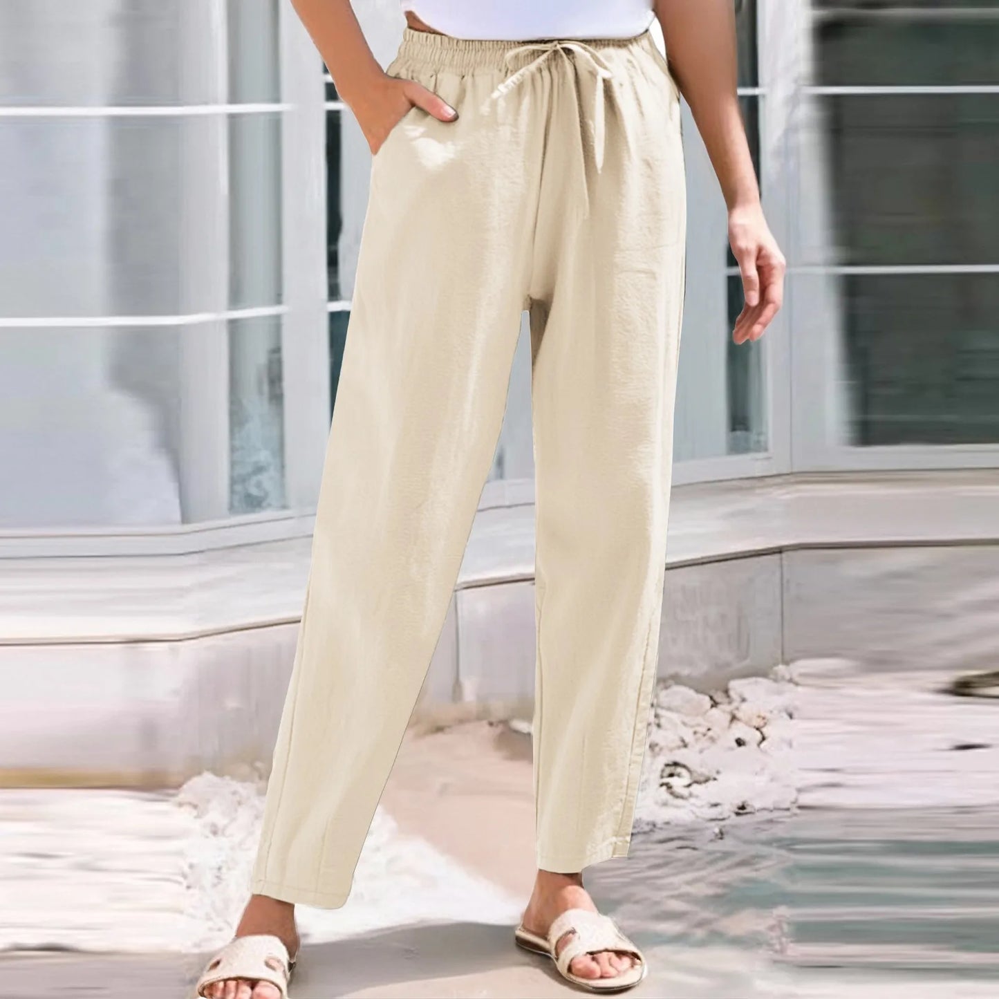 Women Cropped Pants Cotton Linen Baggy Trousers Drawstring Elastic Waist Pantalones Korean Fashion Solid Straight Pants штаны