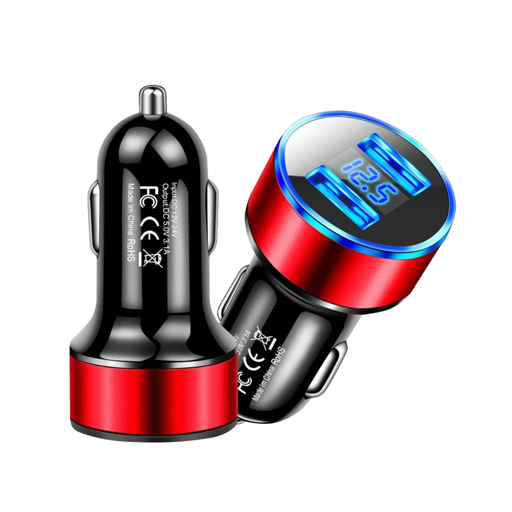 Cigarette Lighter Socket Dual USB 2 Port Car Charger Adapter 3.1A Super Fast Charging Aluminum Alloy 17.5W Voltmeter LCD Display