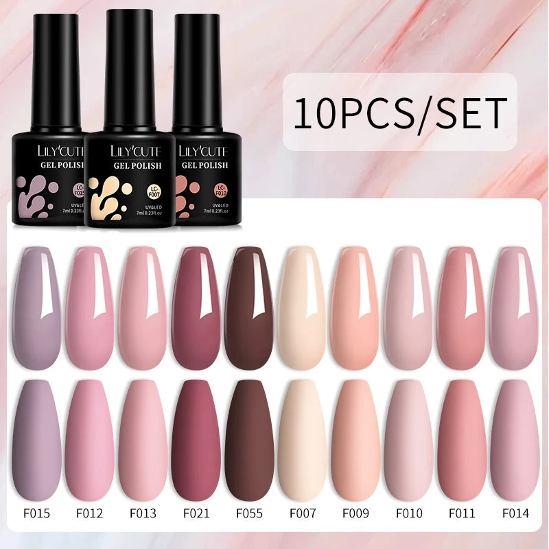 LILYCUTE 10PCS/Set Набір гель-лаків для нігтів Рожевий фіолетовий гель для нігтів Напівперманентний УФ світлодіодний лак Nail Art Design Soak Off Набір гелів для нігтів