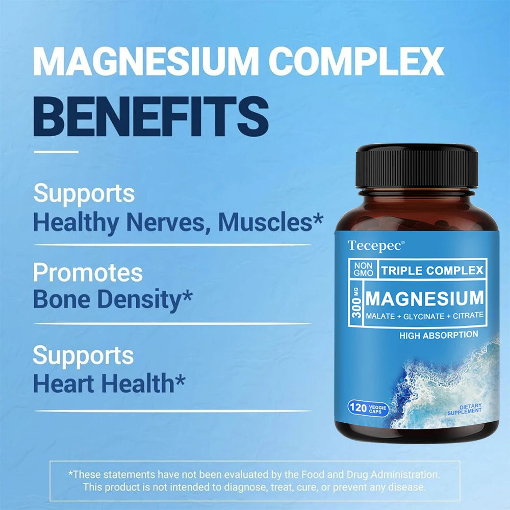 Triple Magnesium Complex | 300 mg Magnesium Glycinate, Malate & Citrate, Muscle, Nerve & Energy Support, 120 Capsules