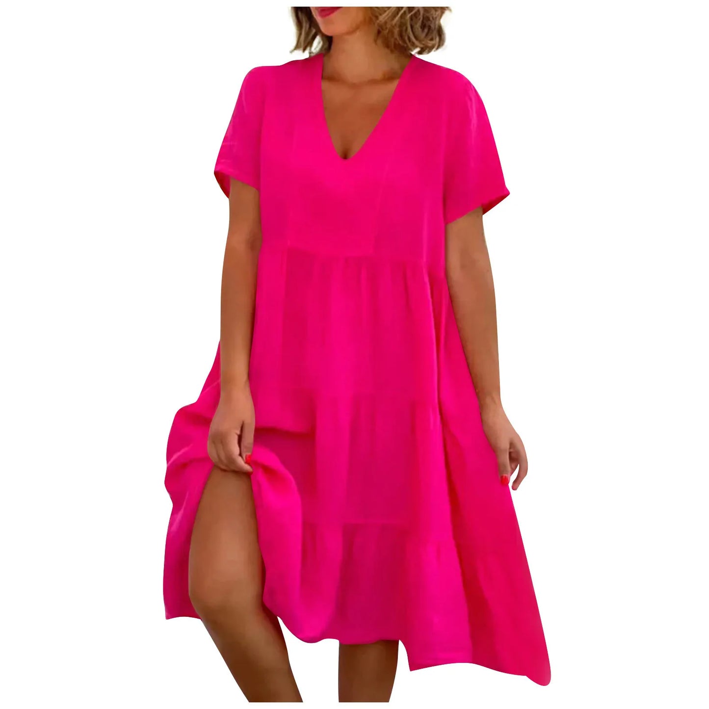 Summer European and American Plus Size Women's Skirts Loose Casual Short Sleeve Belted Elegant Large Size Dress