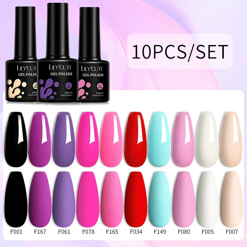 LILYCUTE 10PCS/Set Набір гель-лаків для нігтів Рожевий фіолетовий гель для нігтів Напівперманентний УФ світлодіодний лак Nail Art Design Soak Off Набір гелів для нігтів