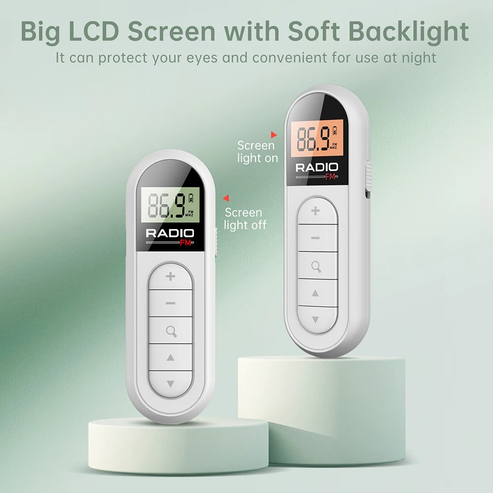 FM Radio Backlight LCD Display Mini Pocket Clip Radio with 3.5mm Headphones Personal Walkman Radio Receiver for Walk Camping
