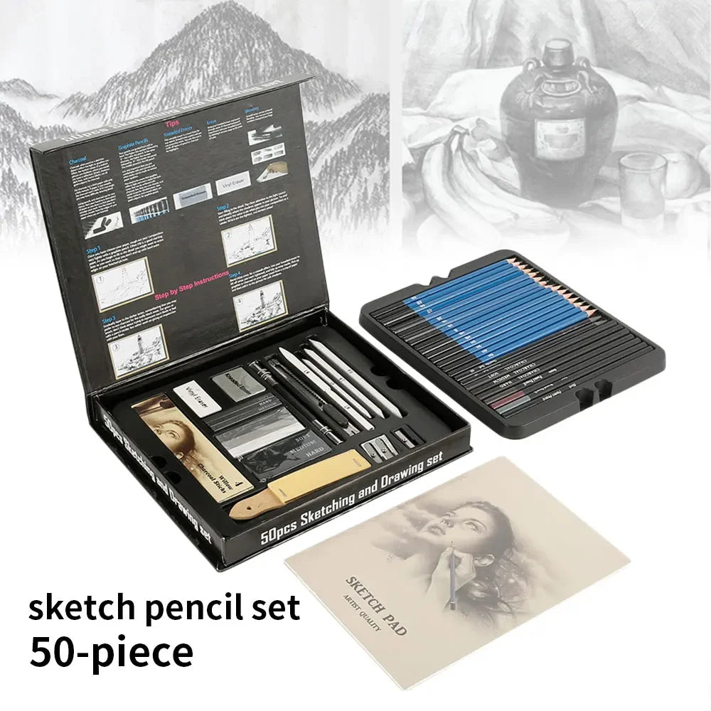 Drawing Set Sketch Kit, Sketching Supplies with 3-Color Sketchbook, Graphite, and Charcoal Pencils