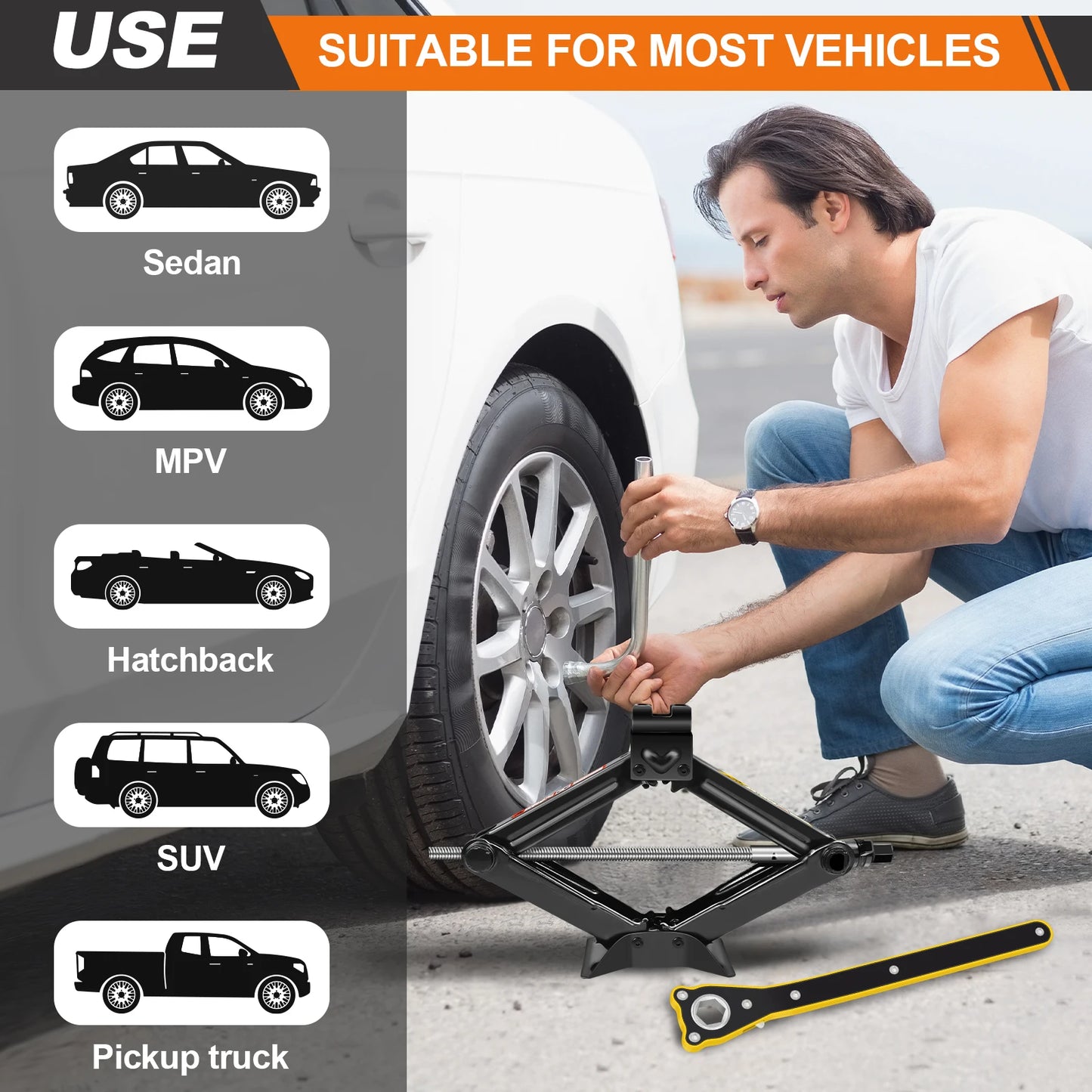 Compact 2 Ton/4409 LBS Scissor Jack with 105 - 385mm Lifting Range and Included Hexagonal Lug Wrench for Cars SUVs Sedans
