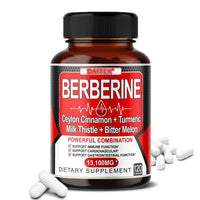 Bcuelov Berberine dietary supplement with Ceylon Cinnamon, Turmeric, Milk Thistle, and Bitter Melon for immune and digestive health.