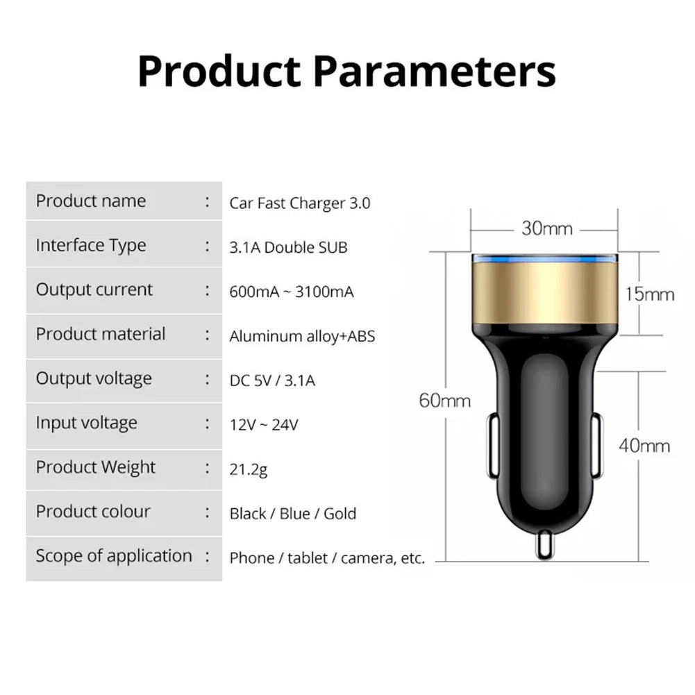 Cigarette Lighter Socket Dual USB 2 Port Car Charger Adapter 3.1A Super Fast Charging Aluminum Alloy 17.5W Voltmeter LCD Display