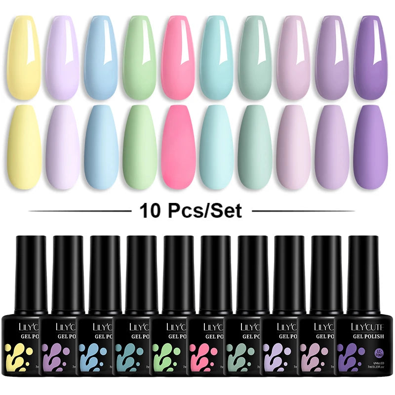 LILYCUTE 10PCS/Set Набір гель-лаків для нігтів Рожевий фіолетовий гель для нігтів Напівперманентний УФ світлодіодний лак Nail Art Design Soak Off Набір гелів для нігтів
