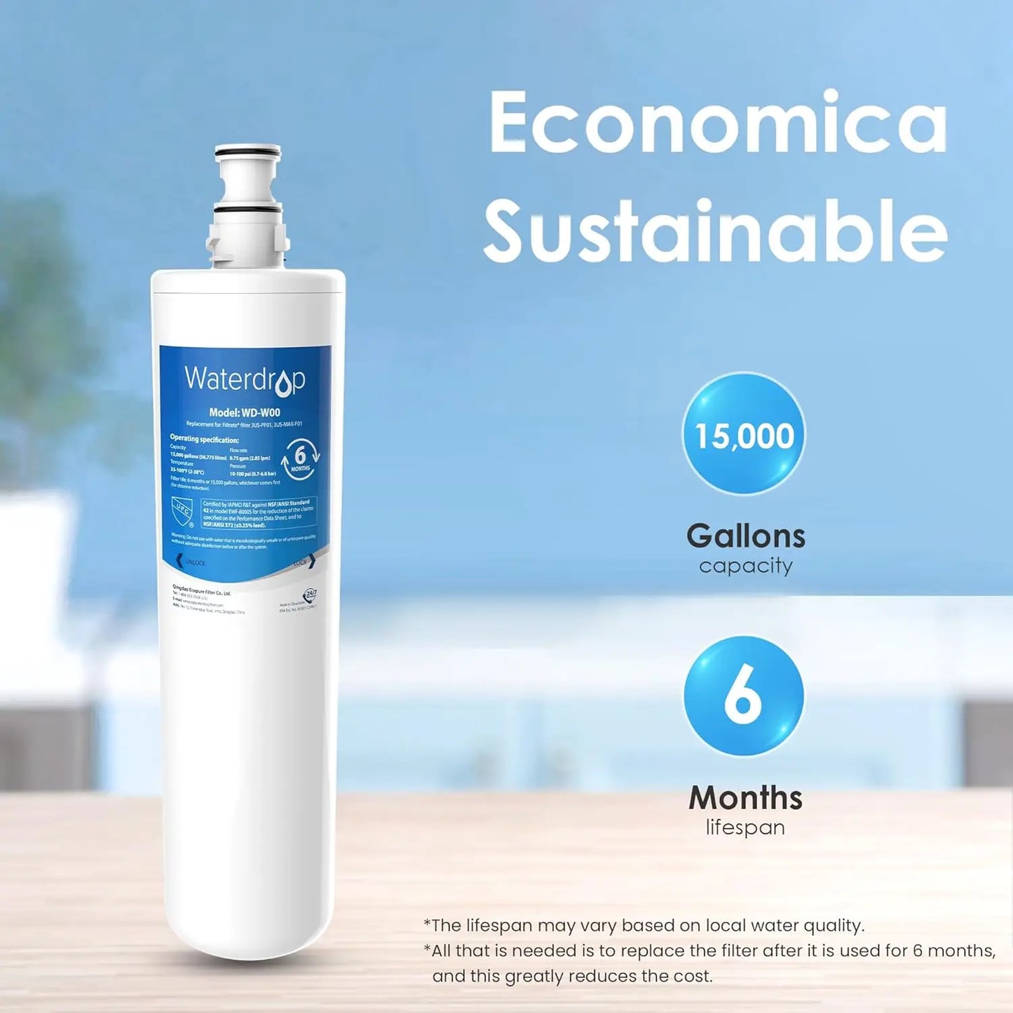 Waterdrop 3US-MAX-F01 Maximum Under Sink Water Filter, Replacement for Filtrete® Advanced 3US-PF01, 3US-MAX-F01, 3US-PS01