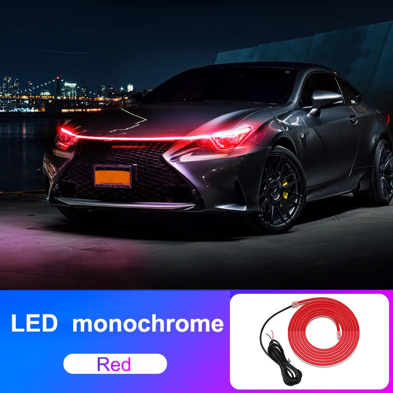 2M 12V Car Hood Daytime Running Light Strip Waterproof Flexible LED Auto Decorative Atmosphere Lamp Ambient Backlight Universal