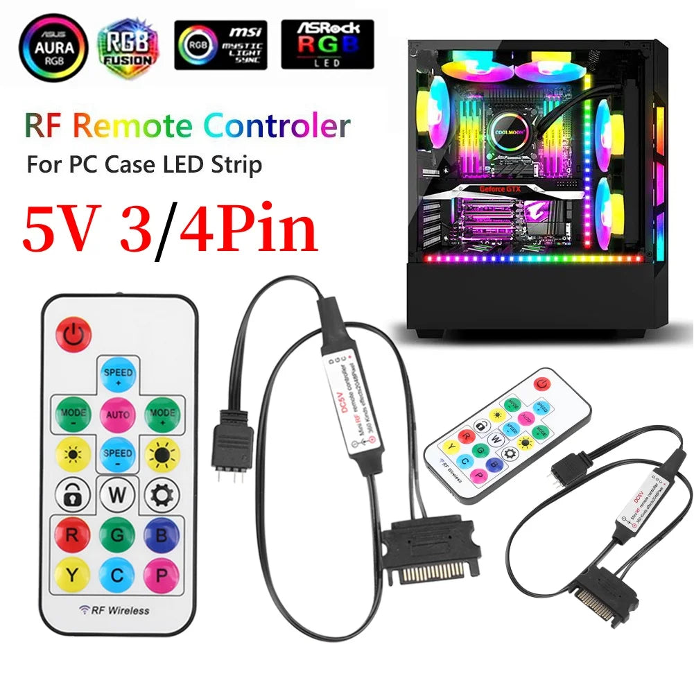 5V RF Wireless Remote Control Battery Powered 2.4G RGB LED Controller 17 Keys Accessories 3 Pin To SATA 4Pin for Computer Case