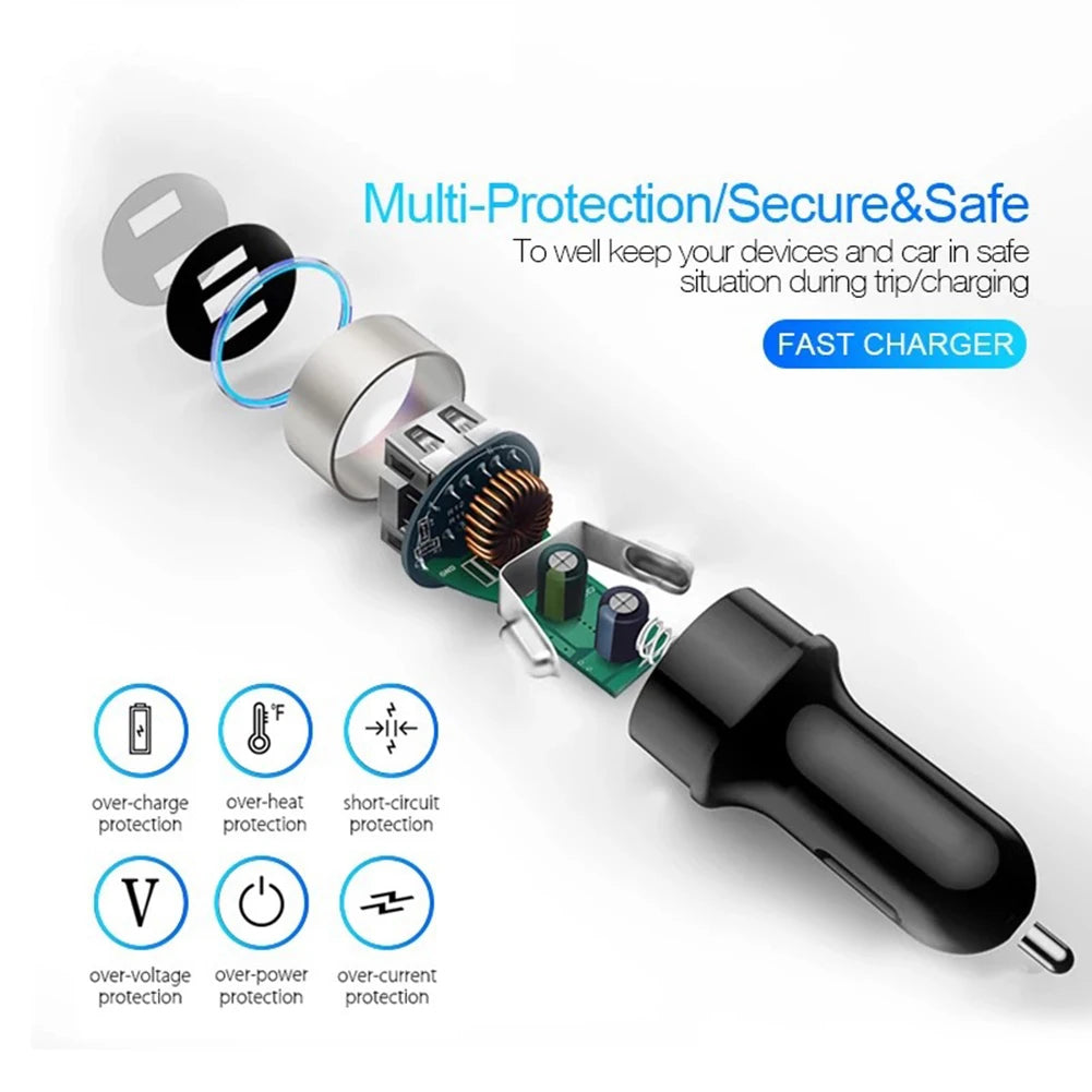 Cigarette Lighter Socket Dual USB 2 Port Car Charger Adapter 3.1A Super Fast Charging Aluminum Alloy 17.5W Voltmeter LCD Display