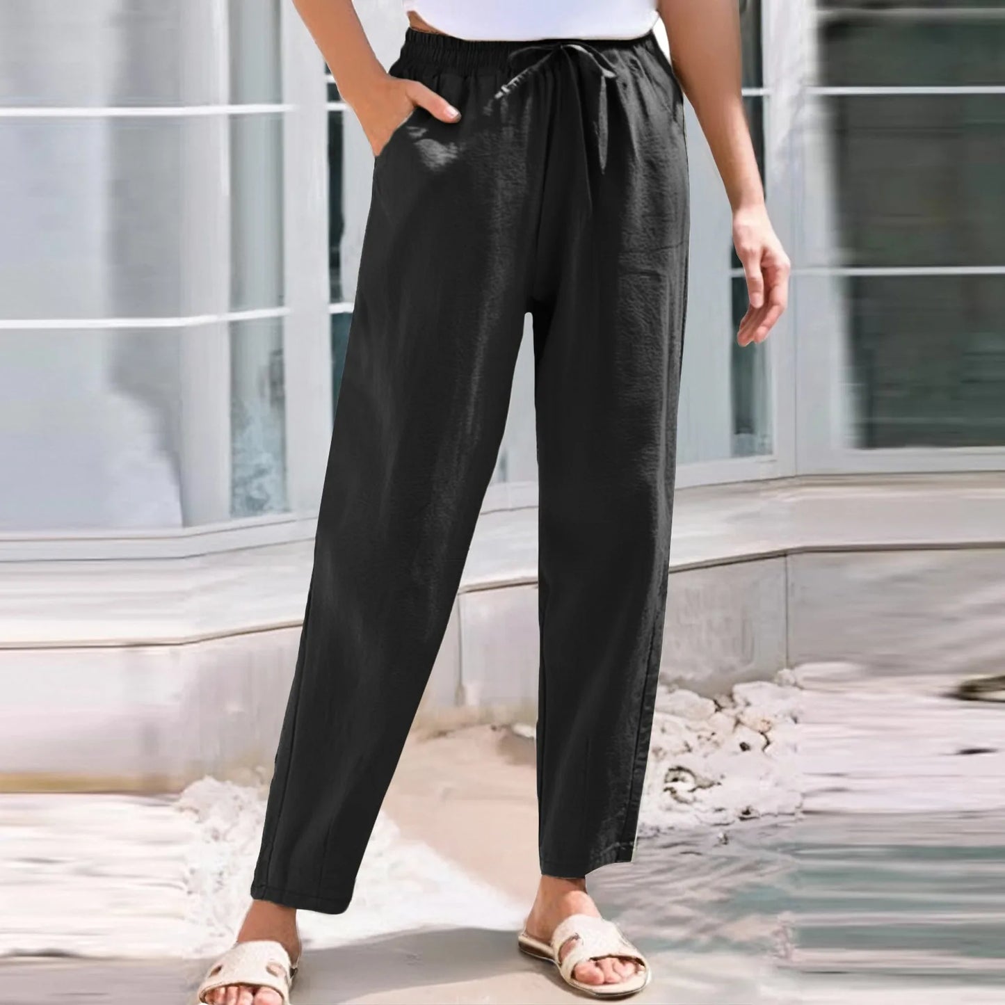 Women Cropped Pants Cotton Linen Baggy Trousers Drawstring Elastic Waist Pantalones Korean Fashion Solid Straight Pants штаны