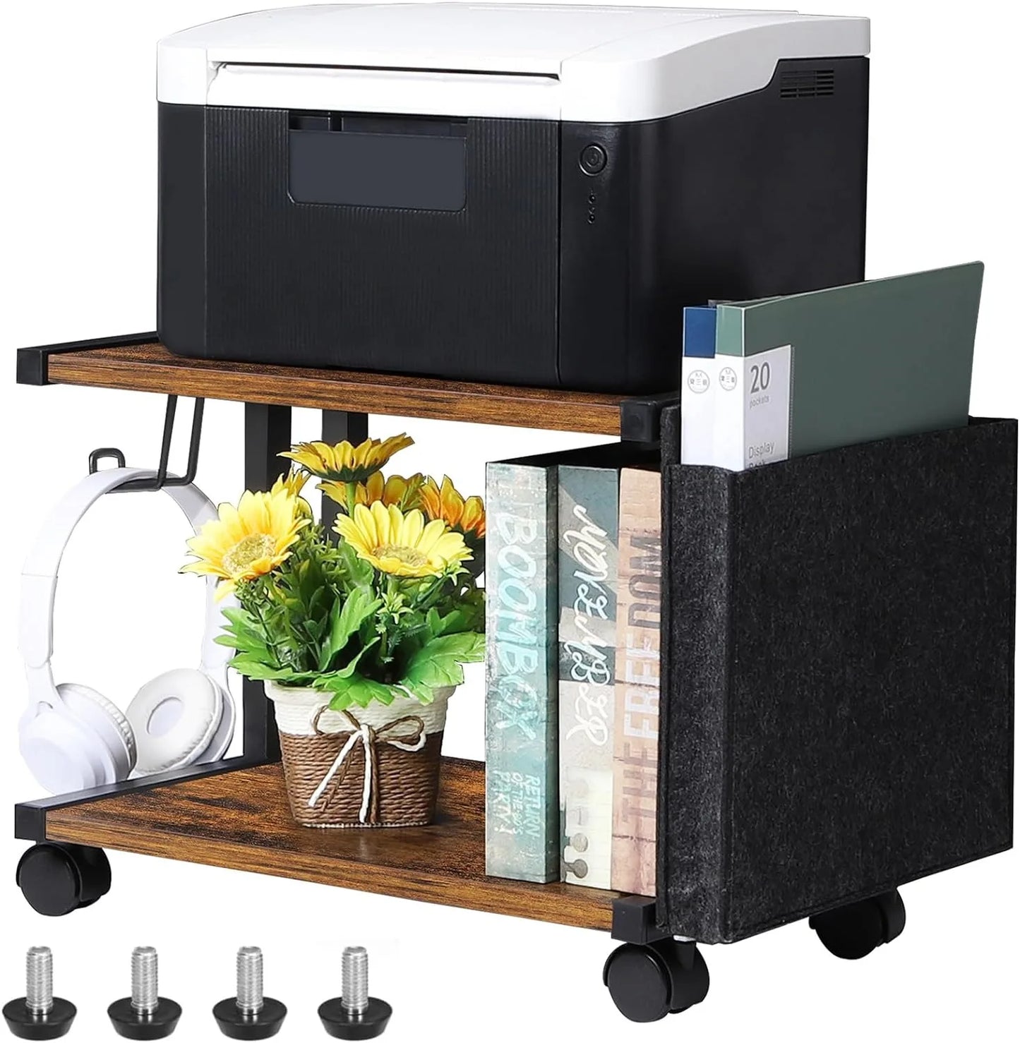 Printer Stand with Storage Bag Under Desk Printer Table on Wheels 2 Tier Small Desktop Rolling Stand Shelf (Brown)