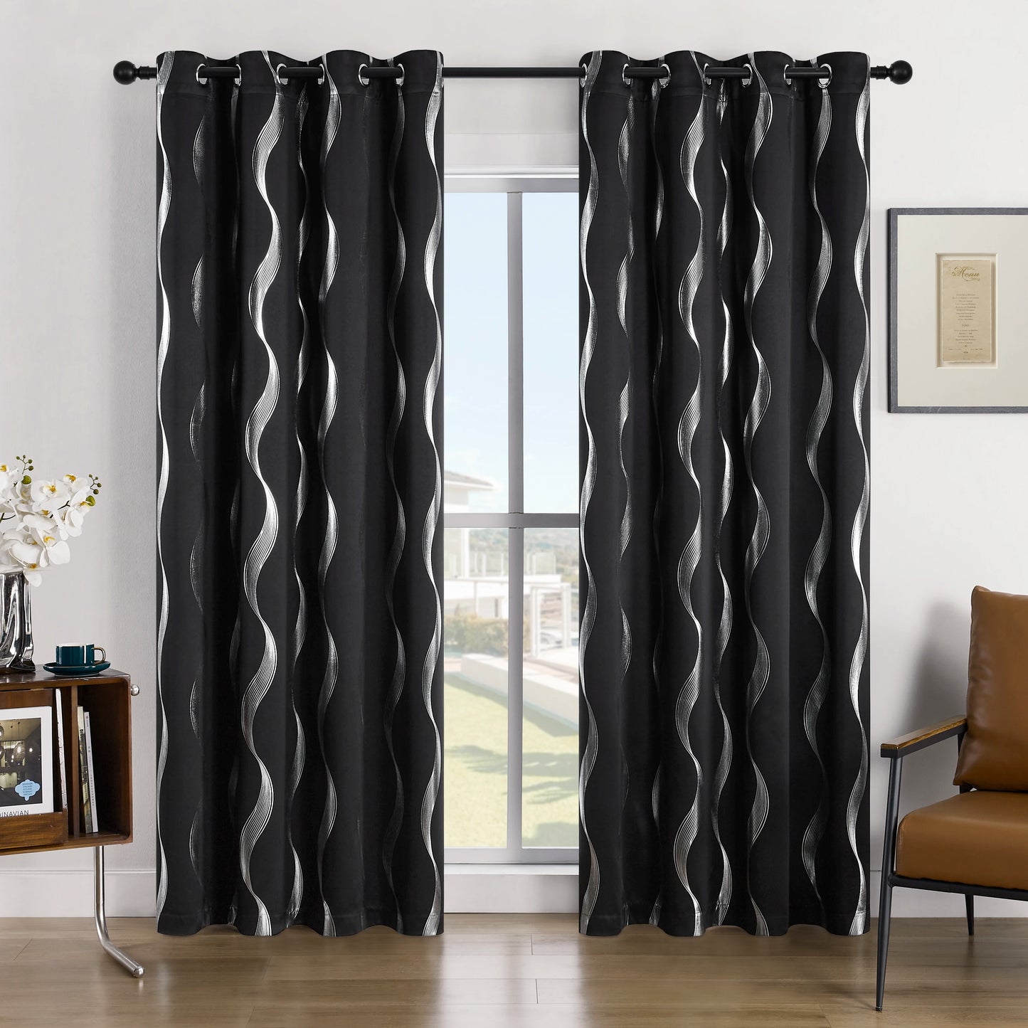 4Pcs Blackout Curtains Grommet Thermal Insulated Room Darkening With Wave Foil Printed For Bedroom