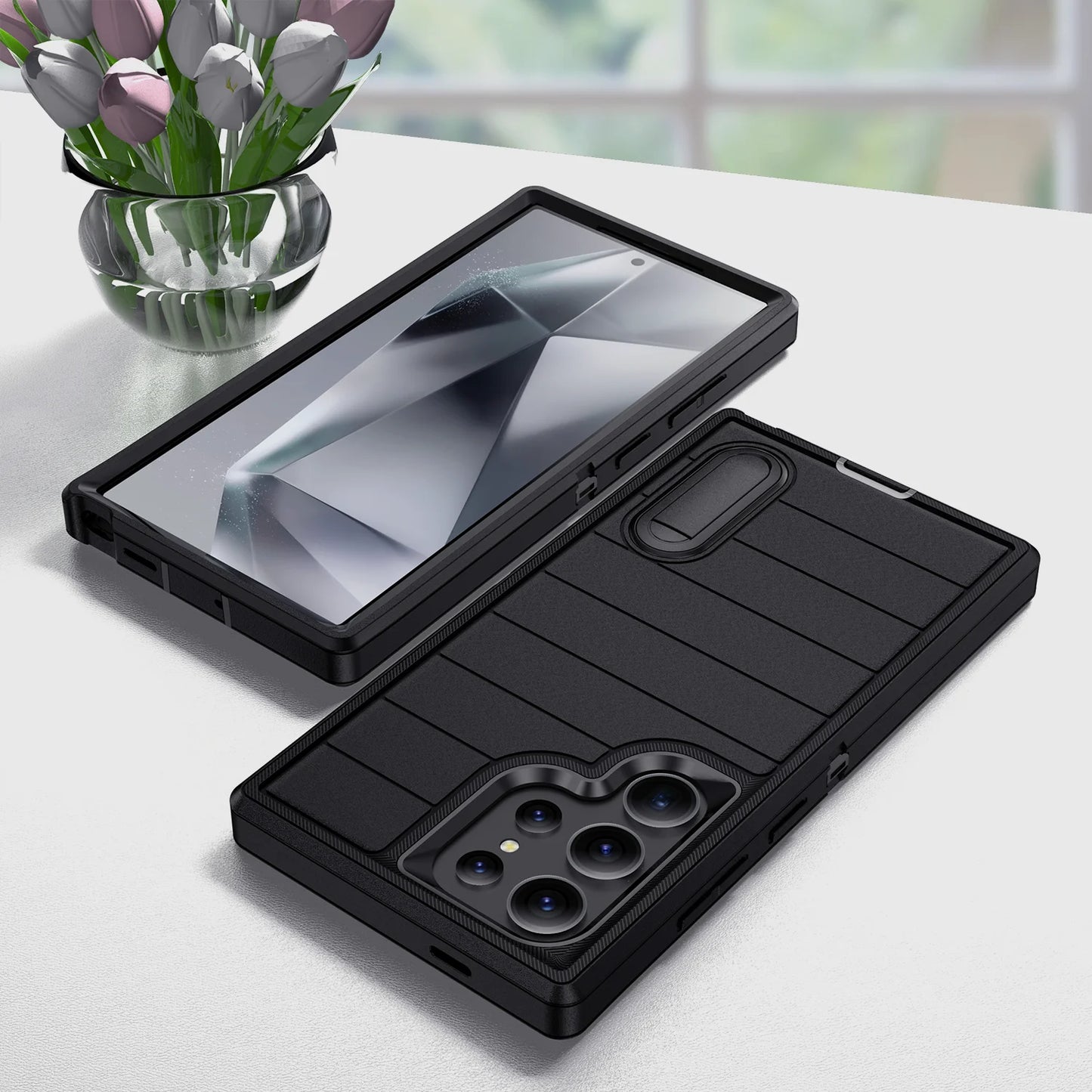 For Samsung Galaxy S24 Ultra/S24 Plus/S24 5G 3-Layers Heavy Duty Shockproof Rugged Protective Kickstand Phone Cover Black Case