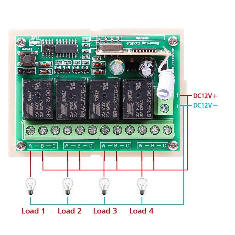 433Mhz DC 12V 20A 4CH Relay Module Receiver EV1527 Wireless Remote Control Switch 433Mhz for DC Motor DIY