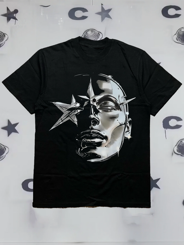 200g Cotton Men's Crew-Neck Short-Sleeve T-Shirt with Stylish Star-Mask Print