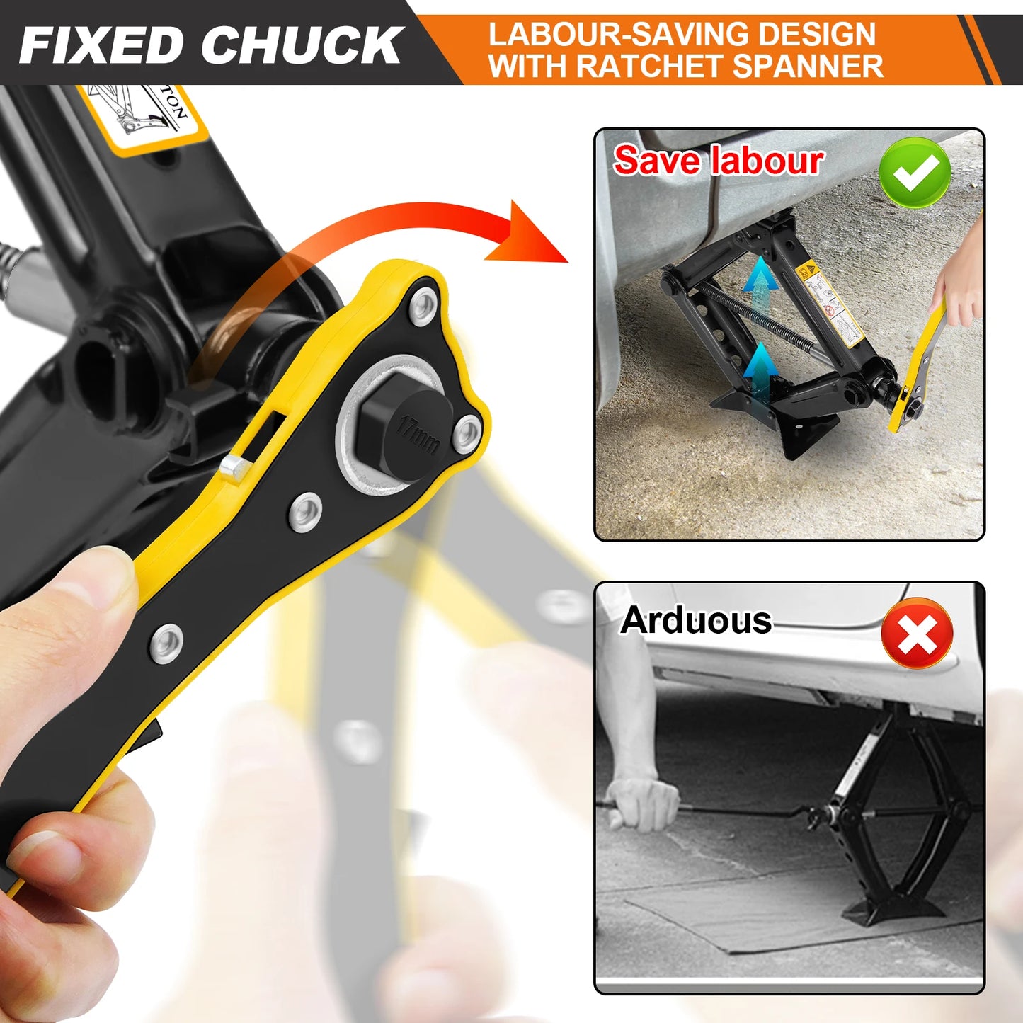 Compact 2 Ton/4409 LBS Scissor Jack with 105 - 385mm Lifting Range and Included Hexagonal Lug Wrench for Cars SUVs Sedans