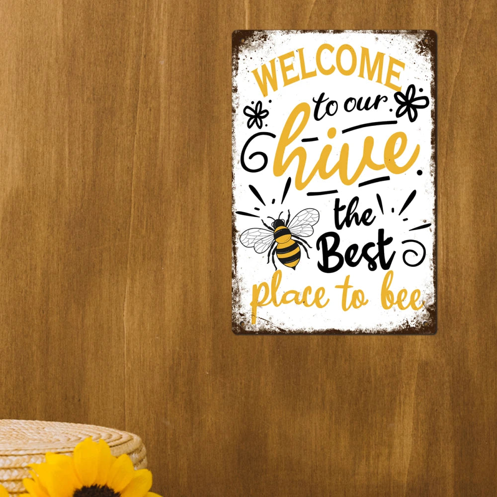 Putuo Decor Welcome Metal Signs, Tin Plaque Painting Retro Bee Decoration Plate Iron Wall Art Decor for Home Bedroom Farm