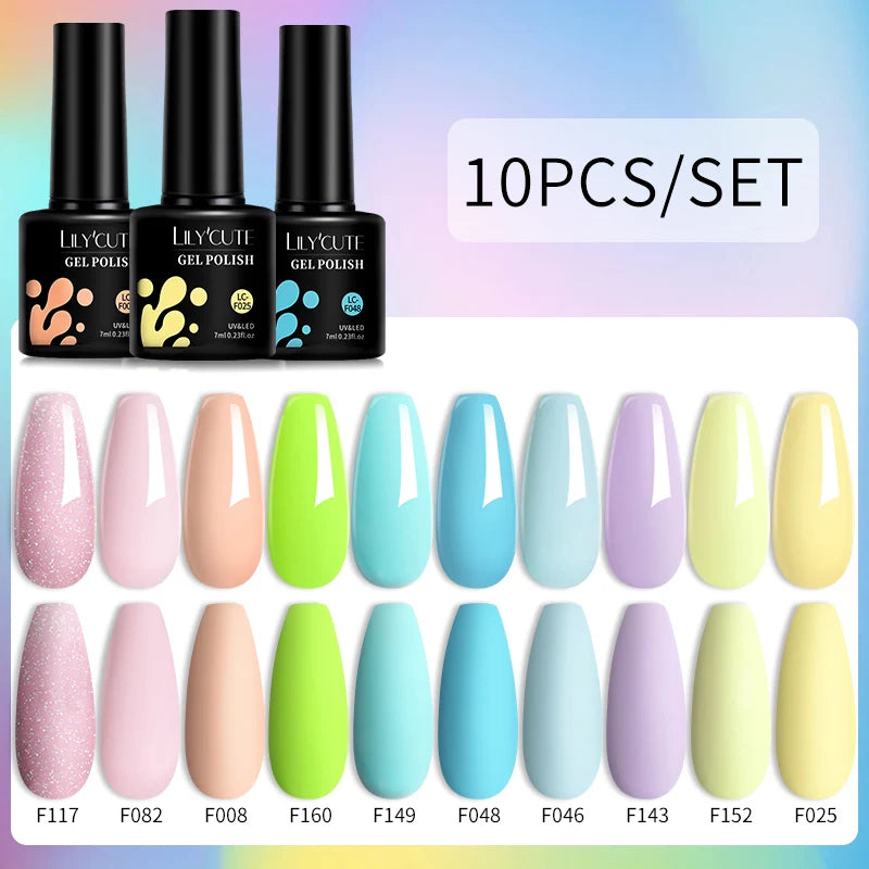 LILYCUTE 10PCS/Set Набір гель-лаків для нігтів Рожевий фіолетовий гель для нігтів Напівперманентний УФ світлодіодний лак Nail Art Design Soak Off Набір гелів для нігтів