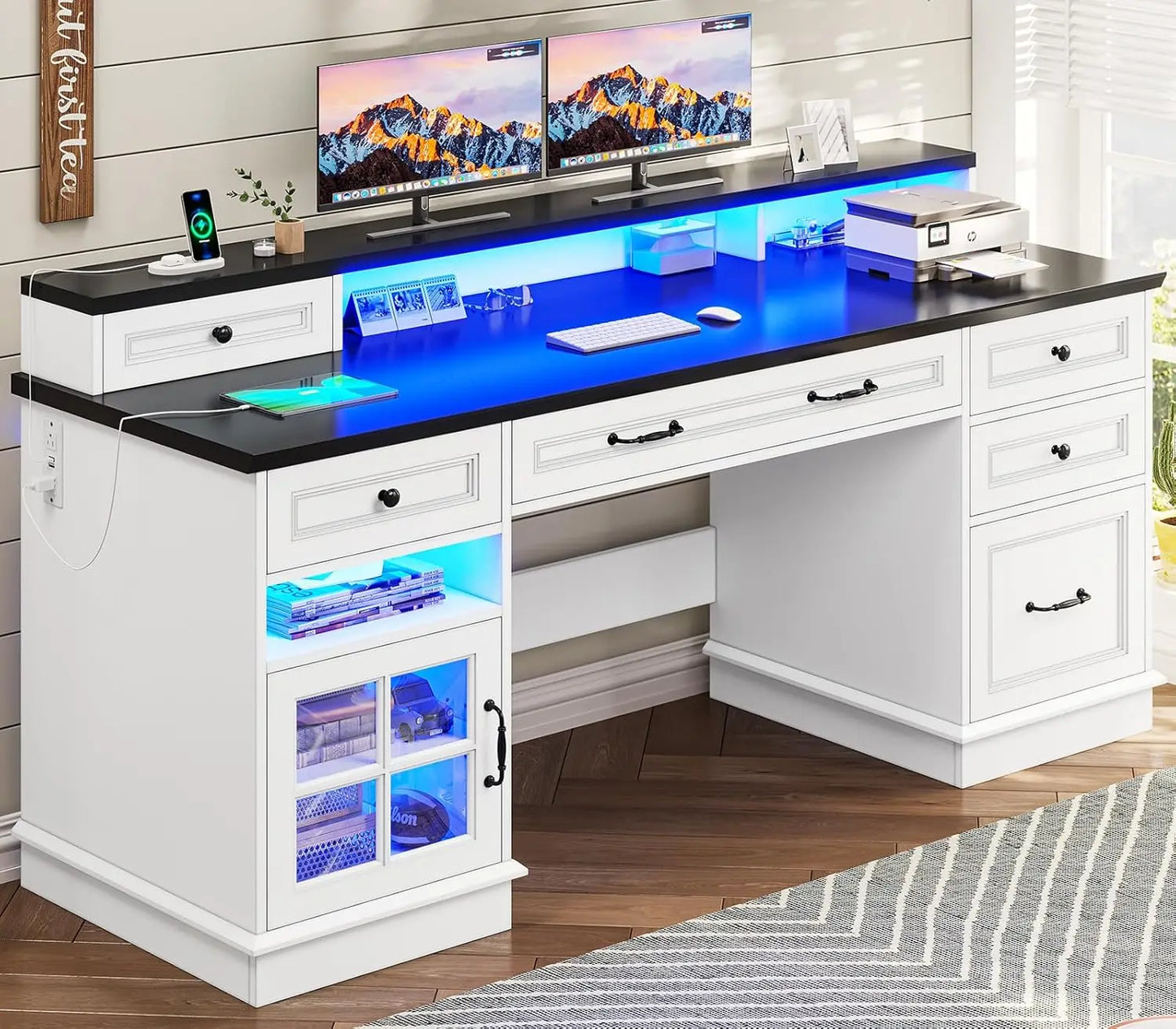 Executive Desk with File Drawer, Computer Desk with Monitor Stand, Home Office Desk with Drawers & Storage Cabinet