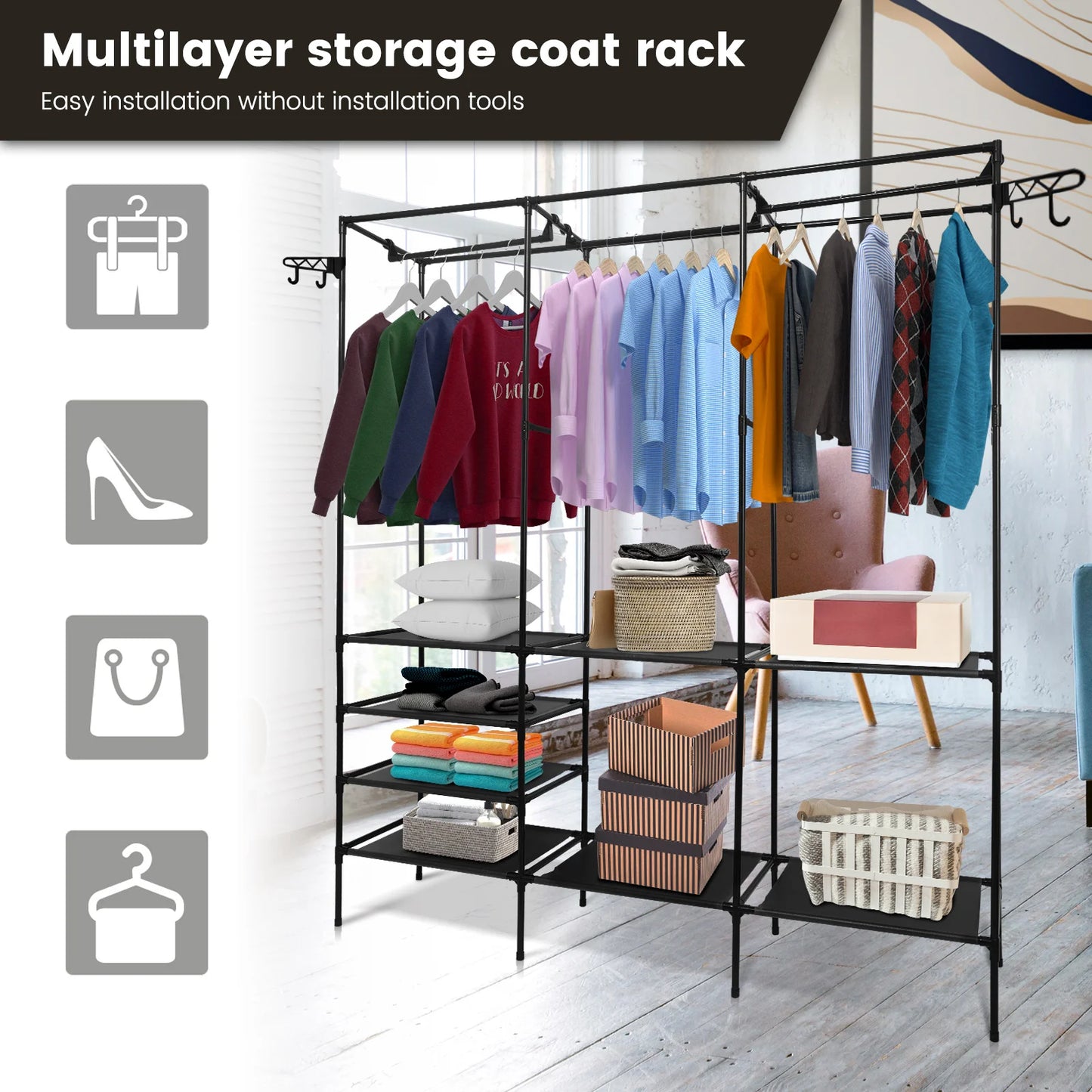 Metal Garment Rack Shoe Clothing Organizer Shelves Freestanding Multifunctional Clothes Wardrobe, Black