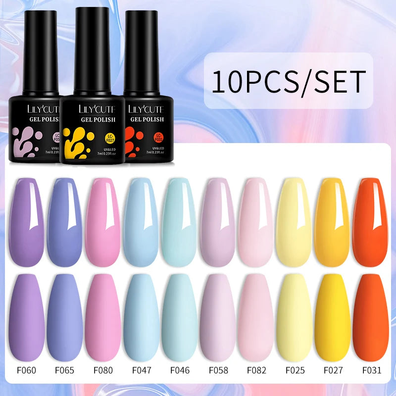 LILYCUTE 10PCS/Set Набір гель-лаків для нігтів Рожевий фіолетовий гель для нігтів Напівперманентний УФ світлодіодний лак Nail Art Design Soak Off Набір гелів для нігтів