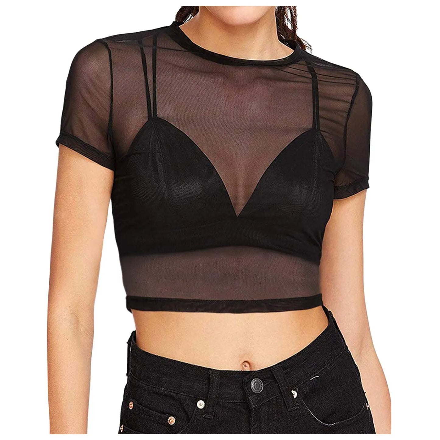 Women's Clothing Sexy Clothes Clear Net Shorts Mesh Transparent T Shirt Black Top Clear Casual Shirt Top Club Clothing Party