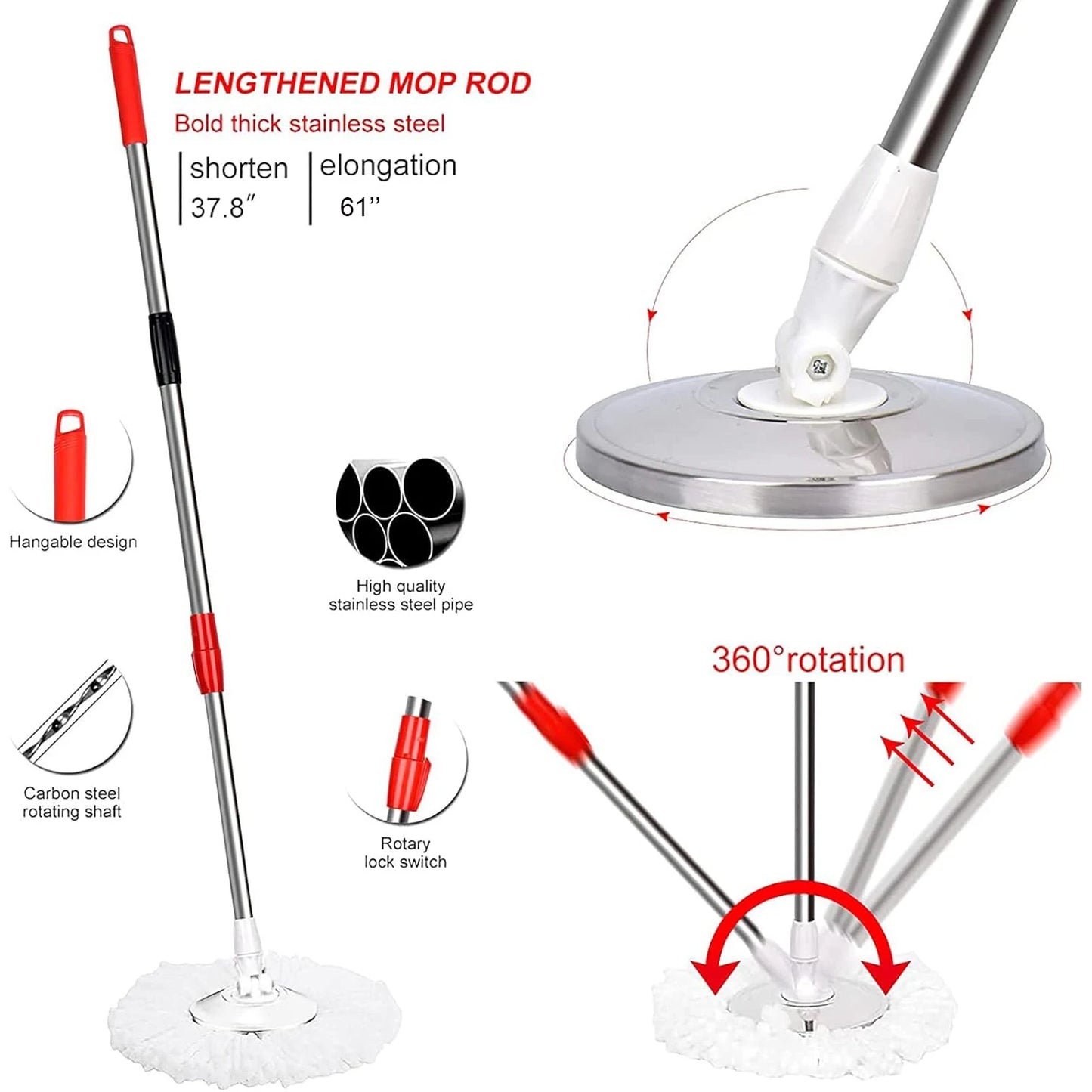 360° Spin Mop Bucket Sets with Wring System in 3 Microfiber Heads, Stainless Steel Basket 61" Extended Handle Floor Cleaning