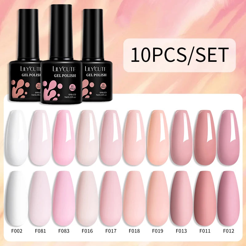 LILYCUTE 10PCS/Set Набір гель-лаків для нігтів Рожевий фіолетовий гель для нігтів Напівперманентний УФ світлодіодний лак Nail Art Design Soak Off Набір гелів для нігтів