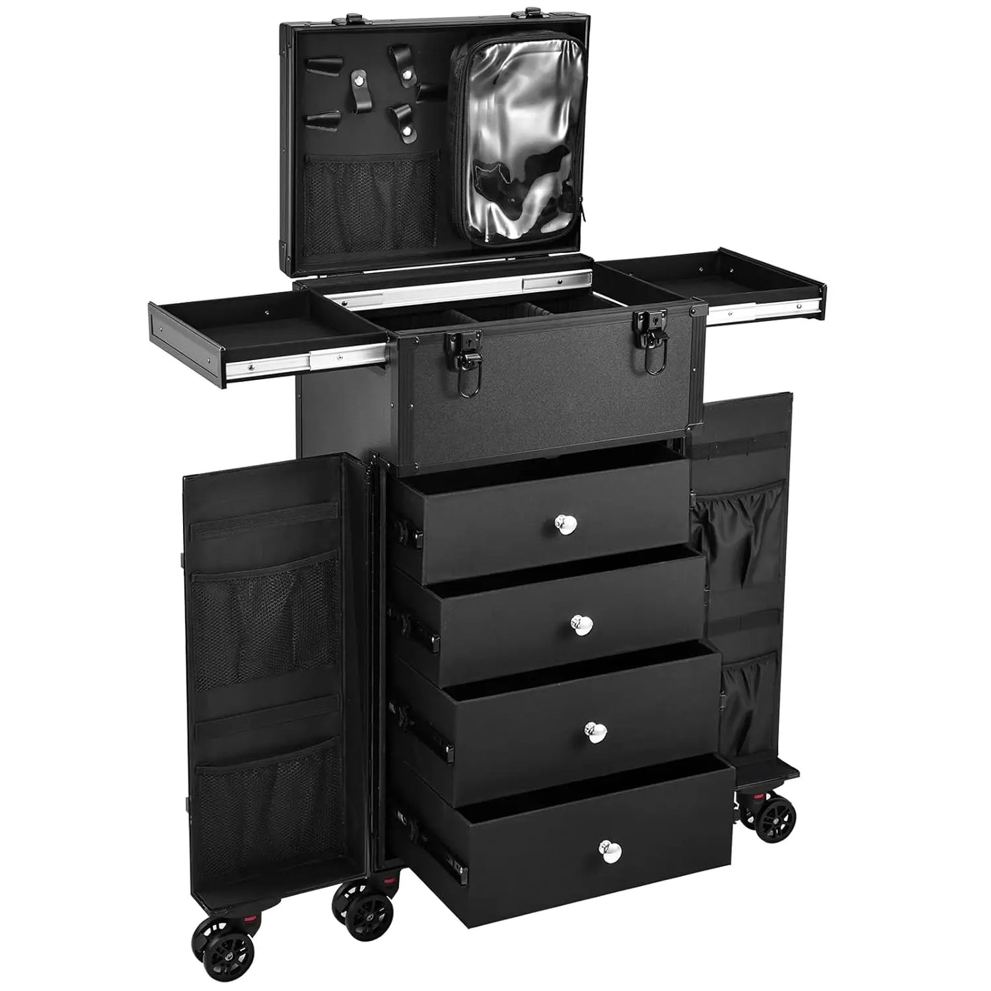 Professional Rolling Makeup Case 4 Drawers Artist Cosmetic Train Case Hairstylist Travel Case Portable Station