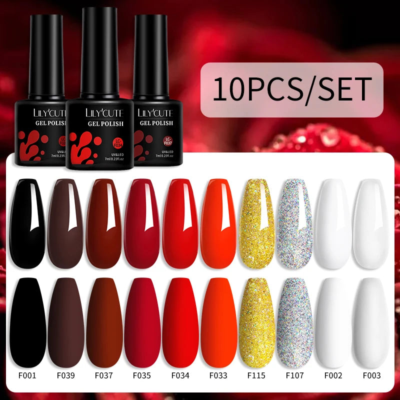 LILYCUTE 10PCS/Set Набір гель-лаків для нігтів Рожевий фіолетовий гель для нігтів Напівперманентний УФ світлодіодний лак Nail Art Design Soak Off Набір гелів для нігтів