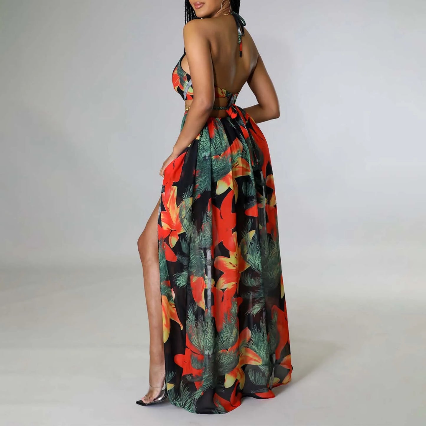 Floral Print Maxi Dress For Women Stylish French Halterneck Summer Dress Mid Length Camisole Dress Elegant High Split Dress