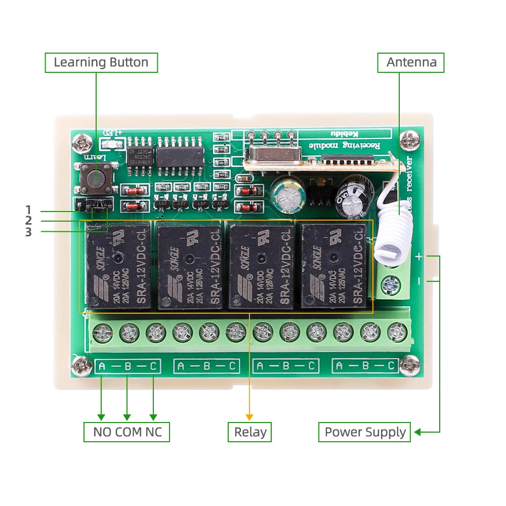 433Mhz DC 12V 20A 4CH Relay Module Receiver EV1527 Wireless Remote Control Switch 433Mhz for DC Motor DIY