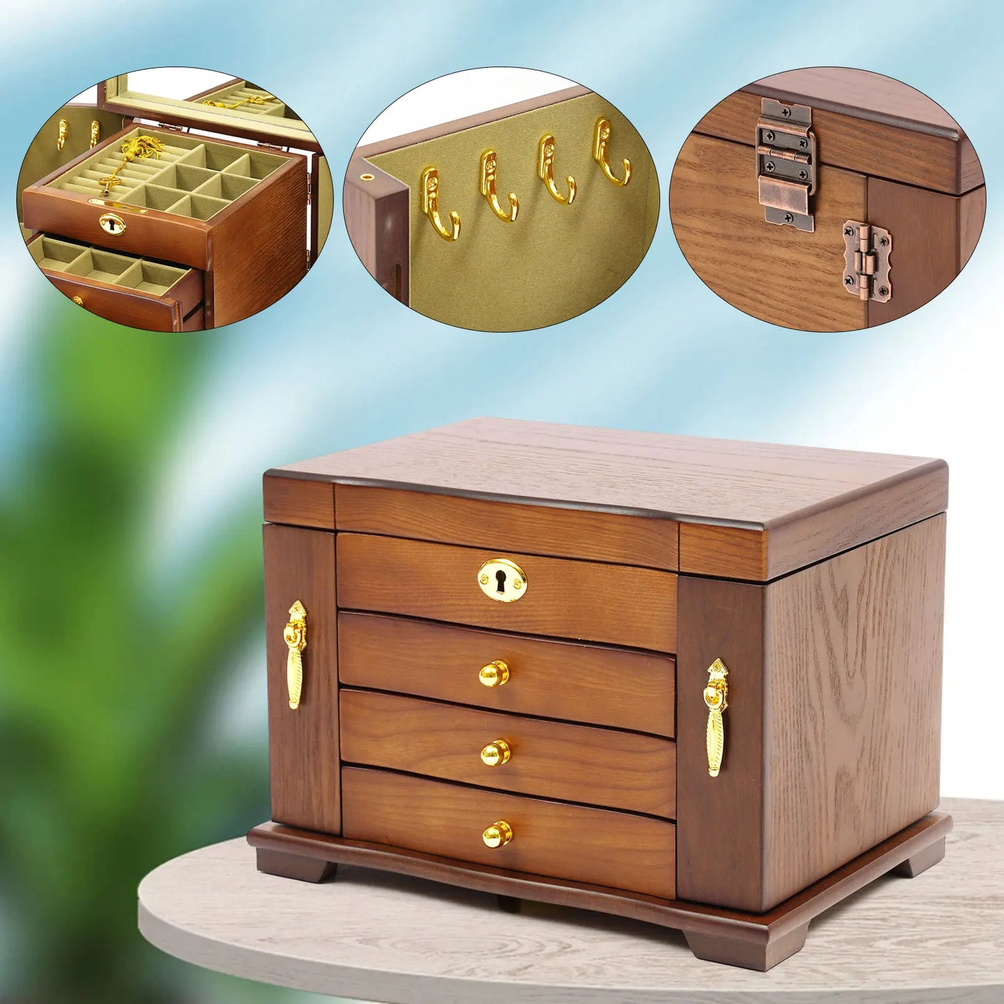 Retro Wooden Jewelry Box with 4 Tiers, Key Lock, Magnetic Doors, Velvet Lining, and Mirror for Secure and Organized Jewelry