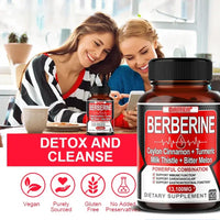Berberine dietary supplement bottle with women discussing health benefits, promoting detox and cleanse.