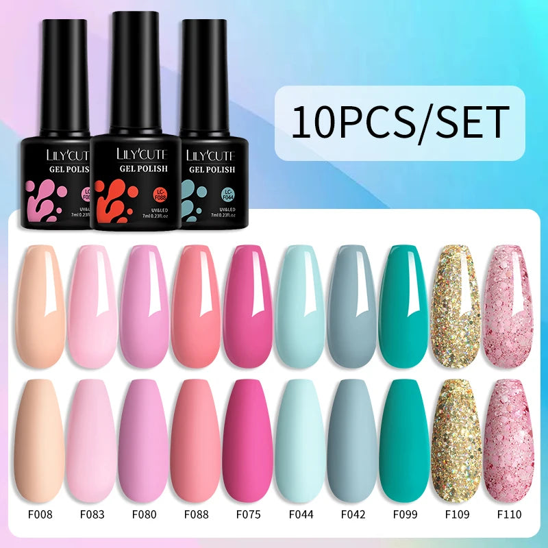 LILYCUTE 10PCS/Set Набір гель-лаків для нігтів Рожевий фіолетовий гель для нігтів Напівперманентний УФ світлодіодний лак Nail Art Design Soak Off Набір гелів для нігтів