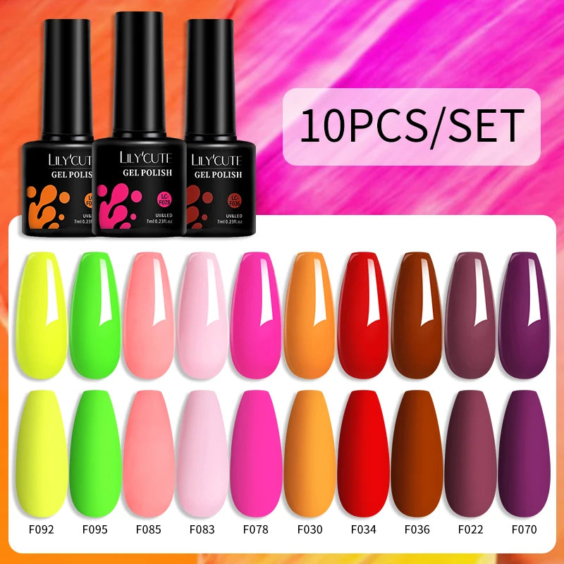 LILYCUTE 10PCS/Set Набір гель-лаків для нігтів Рожевий фіолетовий гель для нігтів Напівперманентний УФ світлодіодний лак Nail Art Design Soak Off Набір гелів для нігтів