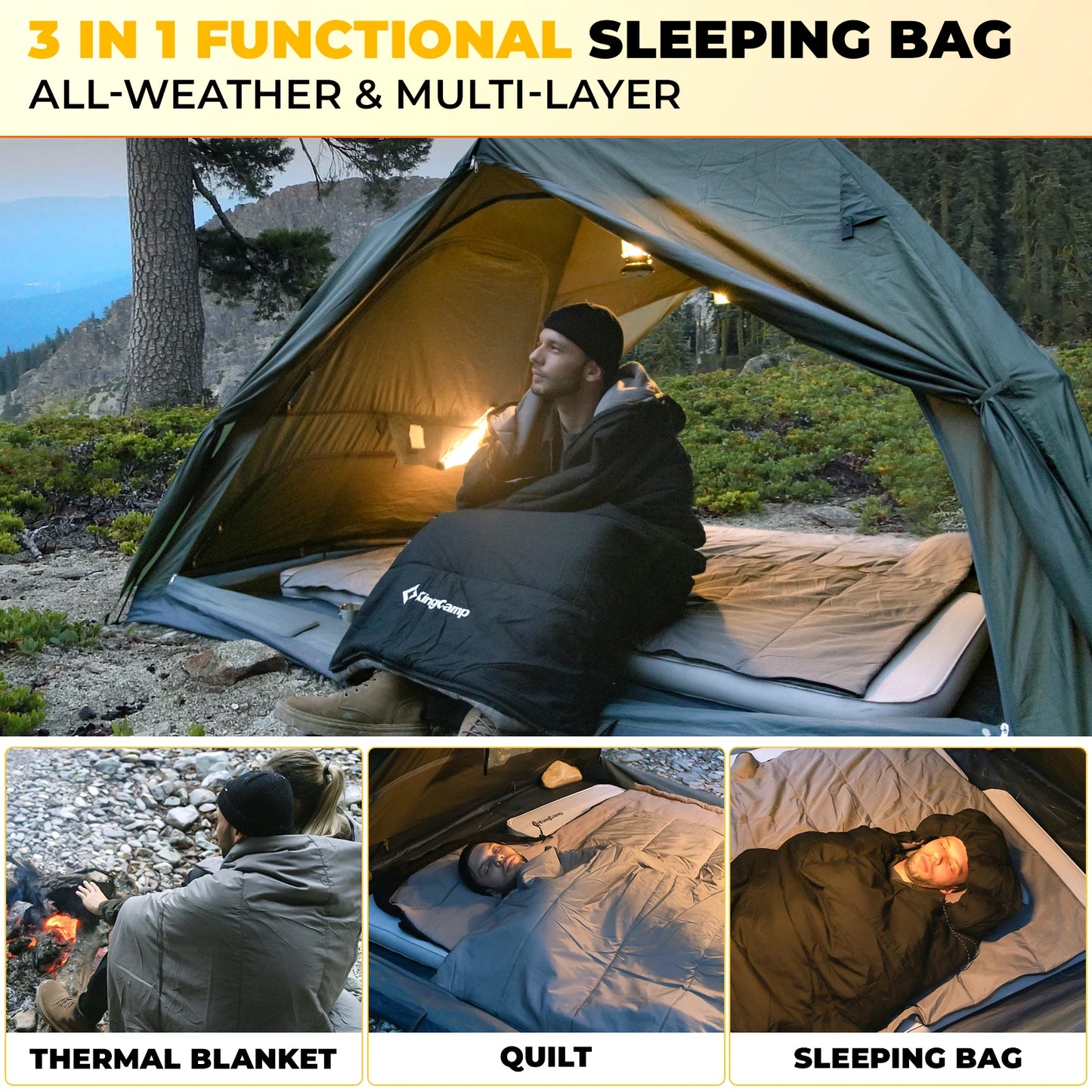 KingCamp 3-in-1 Envelope Hooded Sleeping Bag, Detachable And Flexible Double Blanket, Sleeping Bag For All Season Camping Hiking
