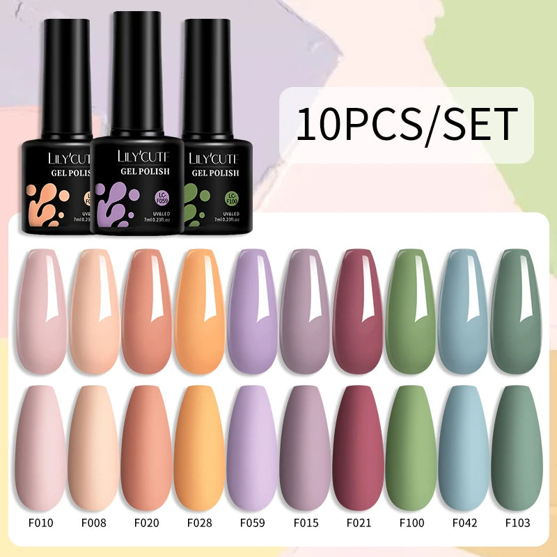 LILYCUTE 10PCS/Set Набір гель-лаків для нігтів Рожевий фіолетовий гель для нігтів Напівперманентний УФ світлодіодний лак Nail Art Design Soak Off Набір гелів для нігтів