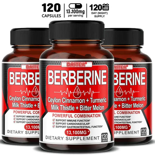 Three bottles of Berberine capsules with Ceylon Cinnamon, Turmeric, Milk Thistle, and Bitter Melon for immune and heart health.